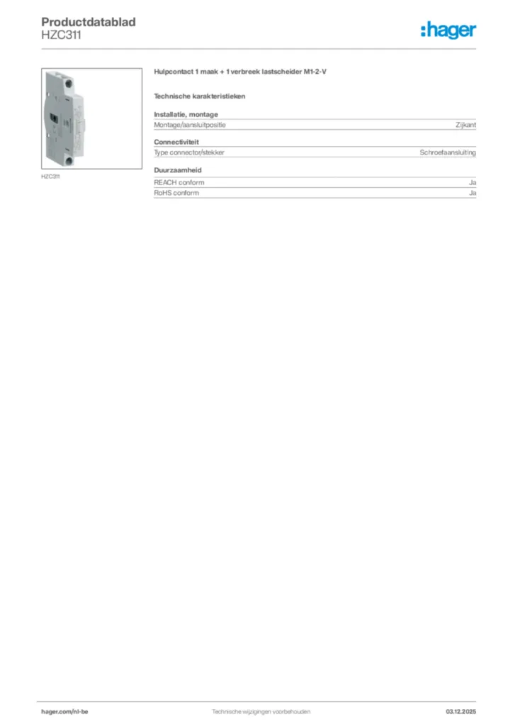Afbeelding Hager Productdatablad HZC311 | Hager Belgium