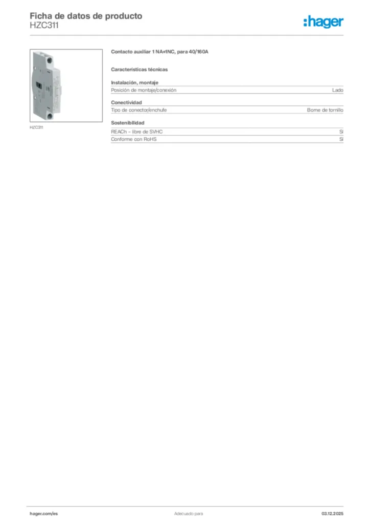 Imagen Hager Ficha de datos de producto HZC311 | Hager España