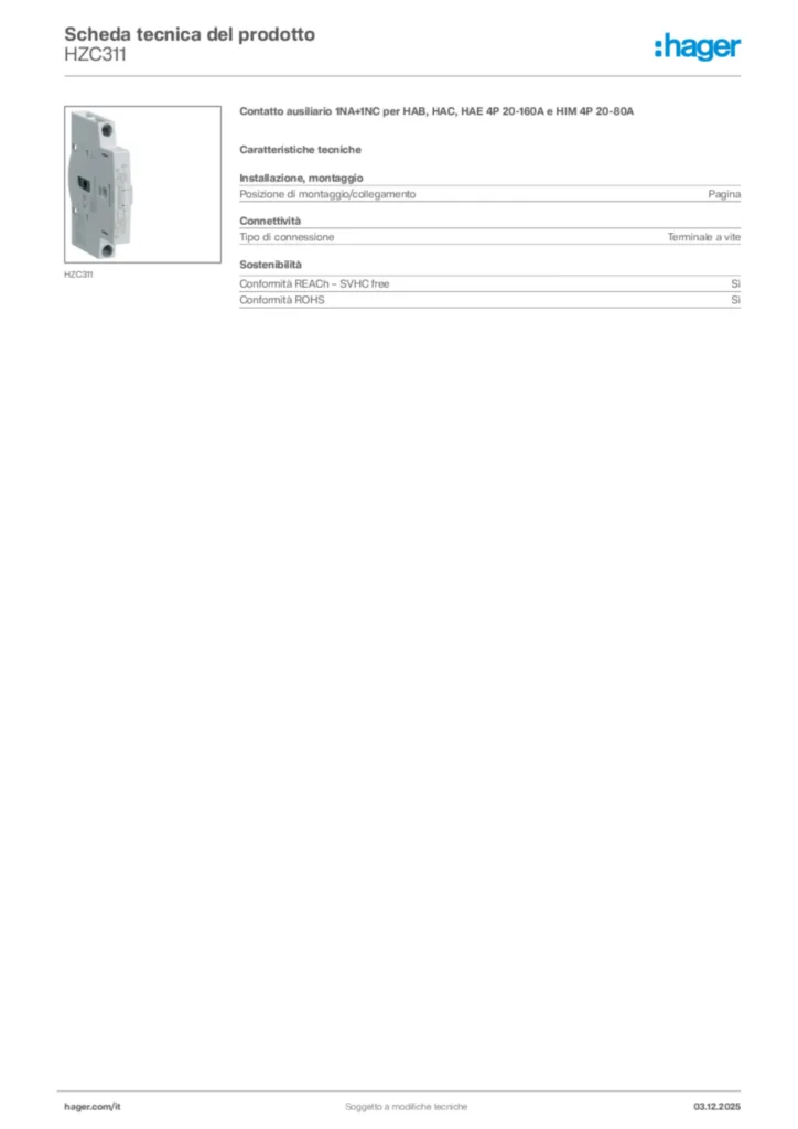 Immagine Hager Scheda tecnica del prodotto HZC311 | Hager Italia
