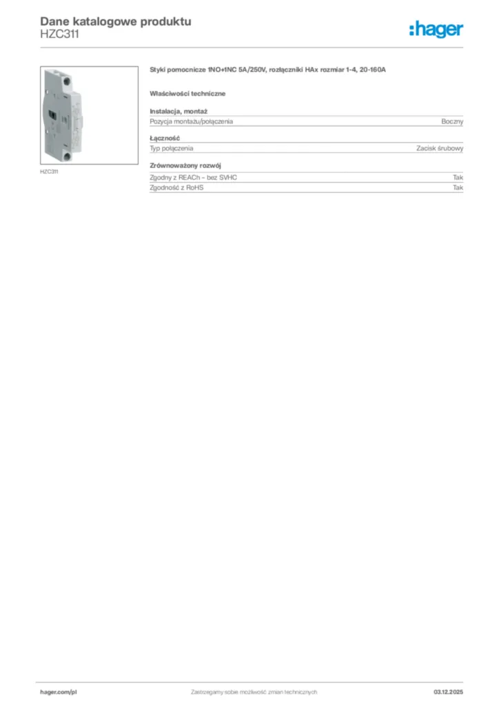 Zdjęcie Hager Karta katalogowa HZC311 | Hager Polska