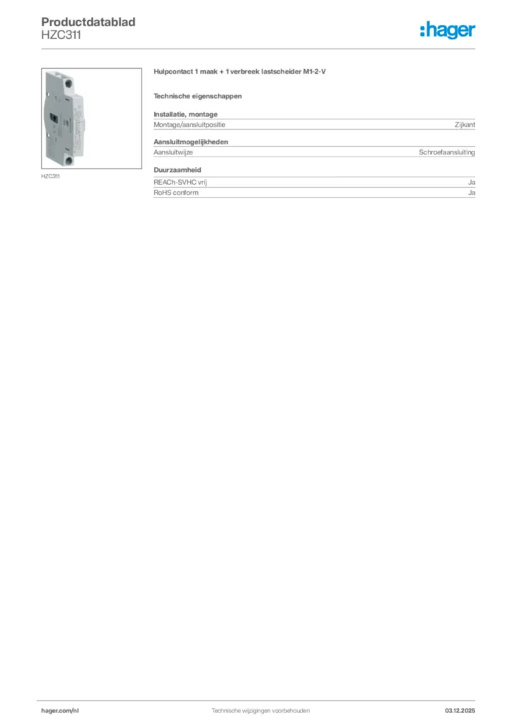 Afbeelding Hager Productdatablad HZC311 | Hager Nederland