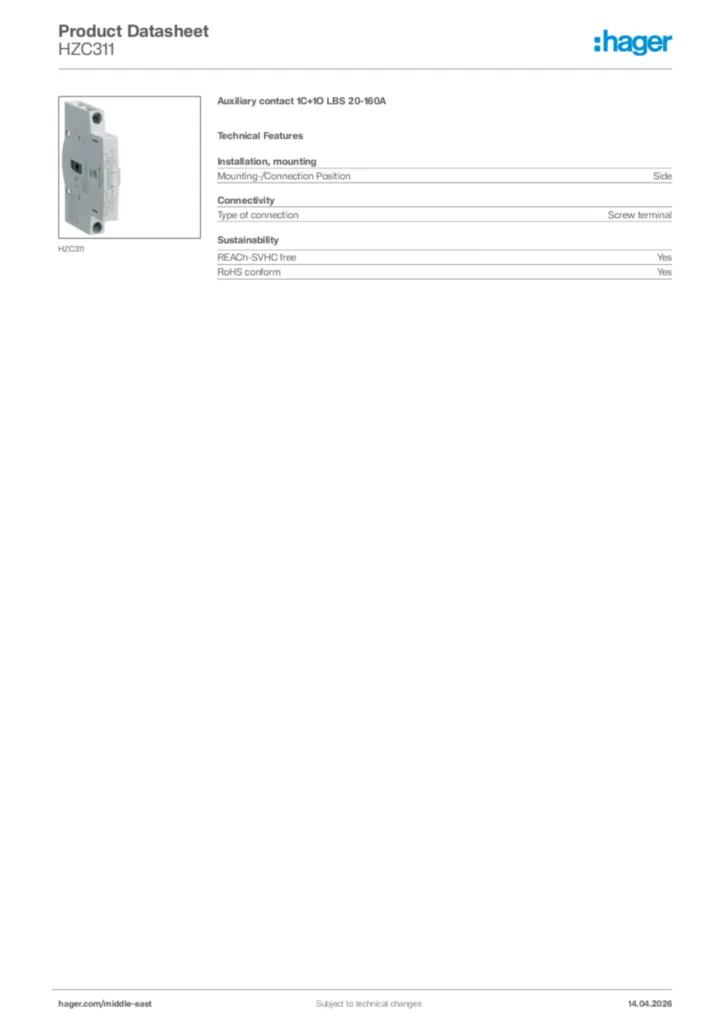 Image Hager Product data sheet HZC311  | Hager
