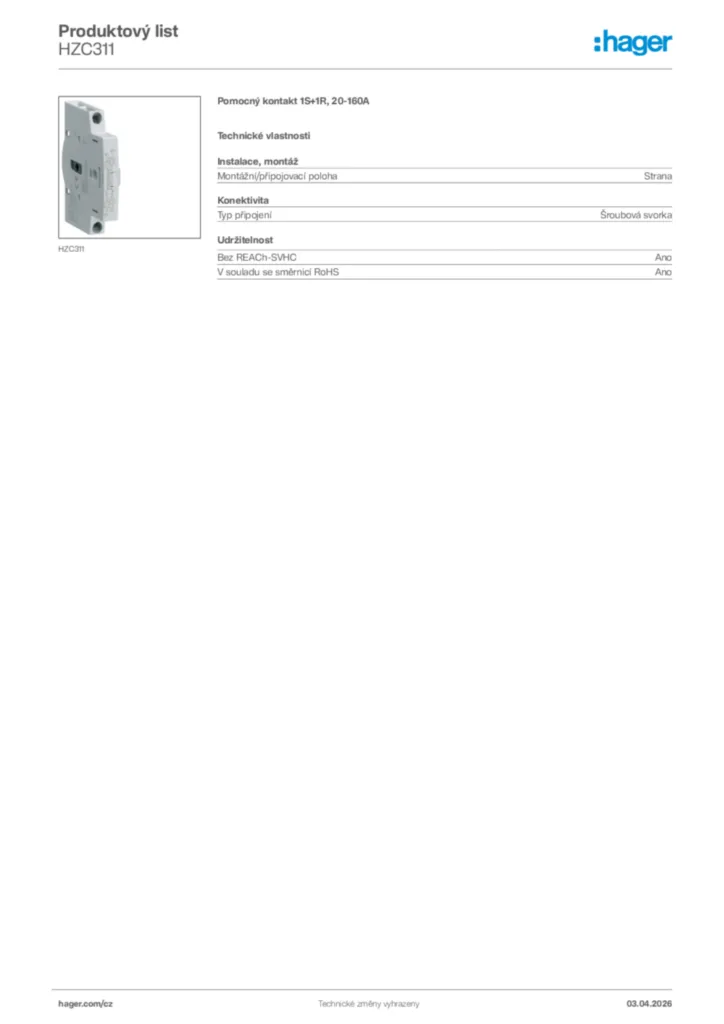 Obrázek Hager Product data sheet HZC311 | Hager