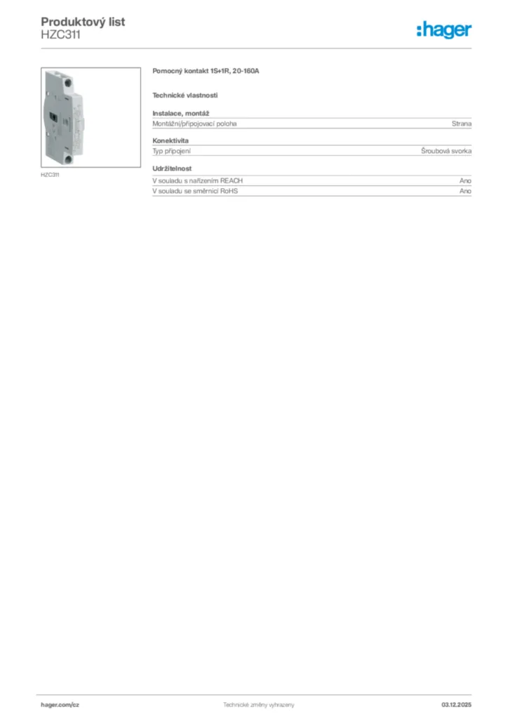Obrázek Hager Product data sheet HZC311 | Hager