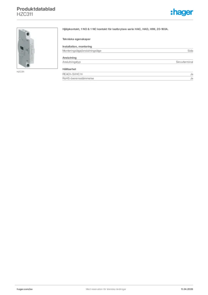 Bild Hager Produktdatablad HZC311 | Hager Sverige