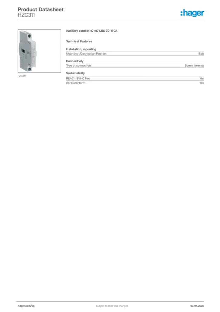 Image Hager Product data sheet HZC311  | Hager