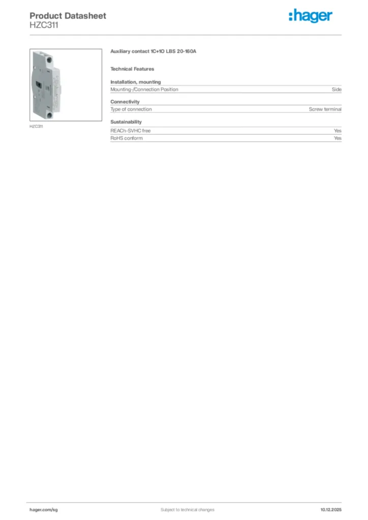Image Hager Product data sheet HZC311  | Hager