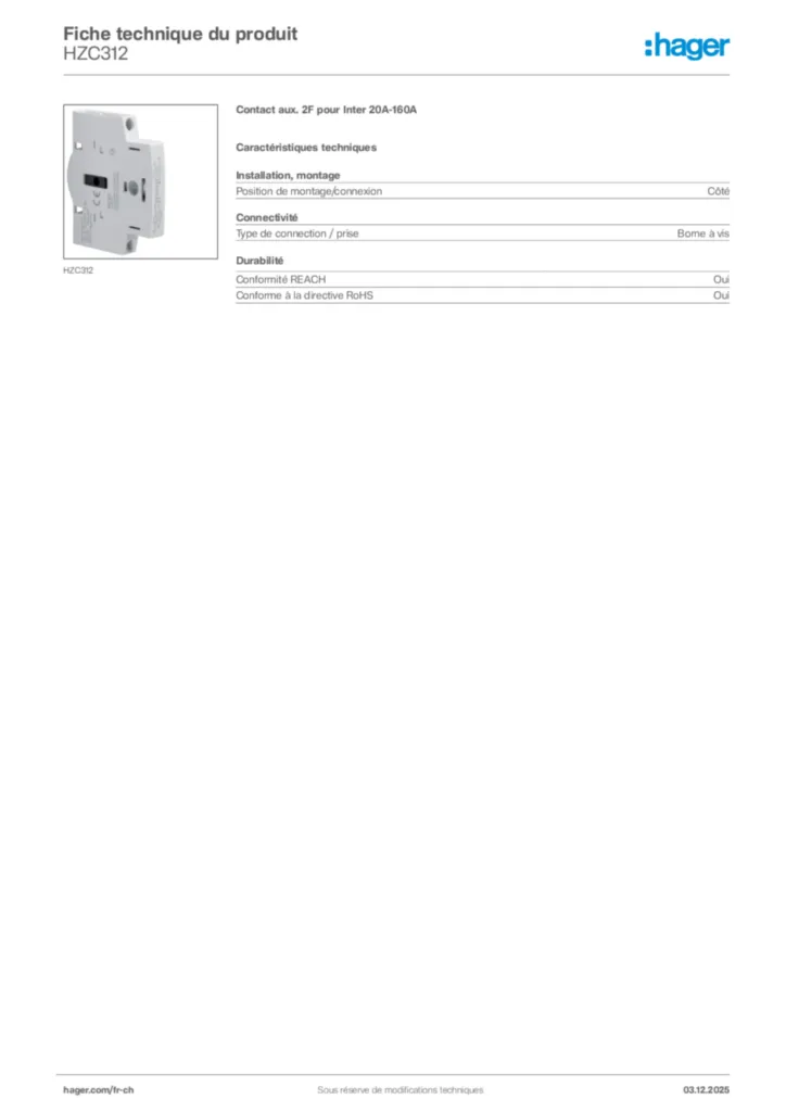 Image Hager Fiche technique du produit HZC312 | Hager Suisse