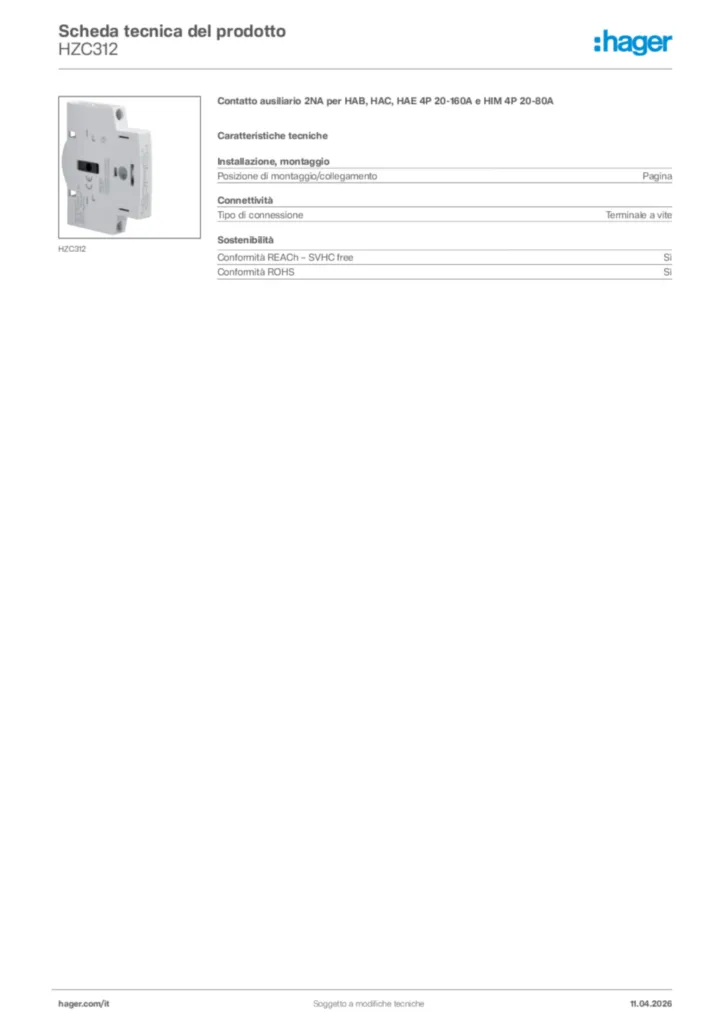 Immagine Hager Scheda tecnica del prodotto HZC312 | Hager Italia