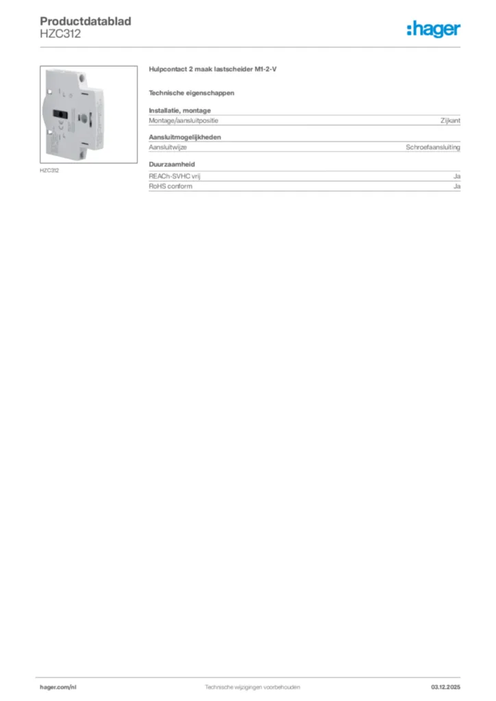 Afbeelding Hager Productdatablad HZC312 | Hager Nederland