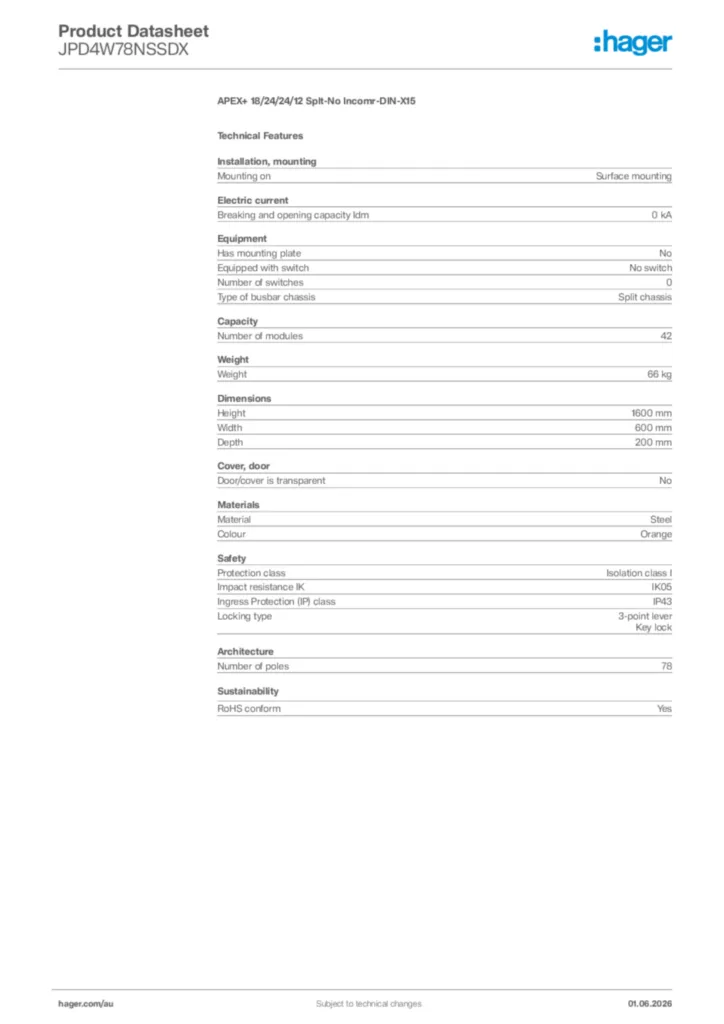 Image Hager Product data sheet JPD4W78NSSDX  | Hager Australia