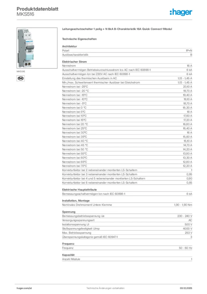 Bild Hager Produktdatenblatt MKS516 | Hager Deutschland