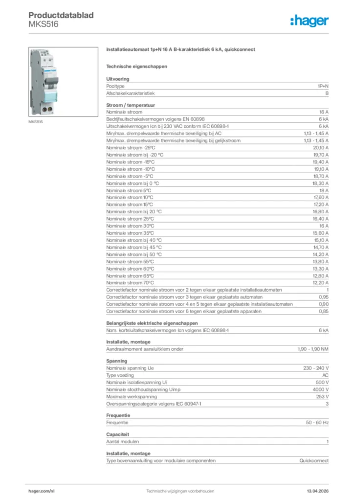 Afbeelding Hager Productdatablad MKS516 | Hager Nederland