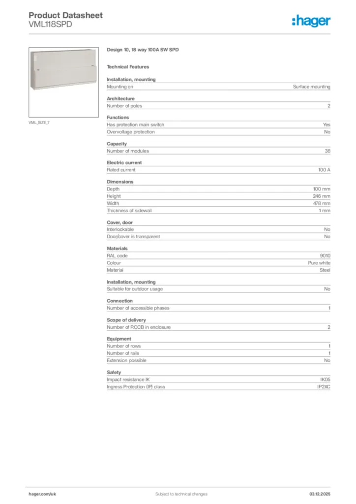 Image Hager Product data sheet VML118SPD  | Hager