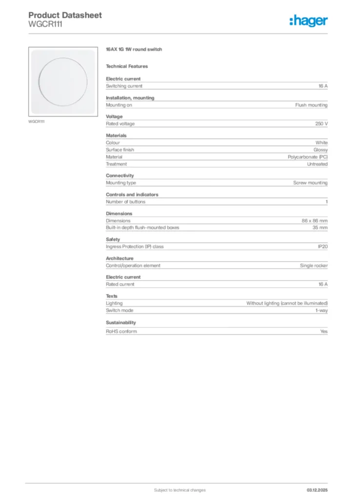 Image Hager Product data sheet WGCR111  | Hager