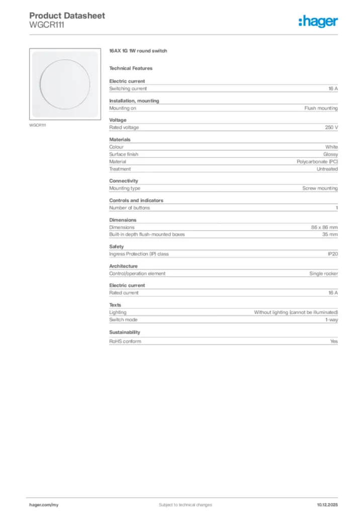 Image Hager Product data sheet WGCR111  | Hager