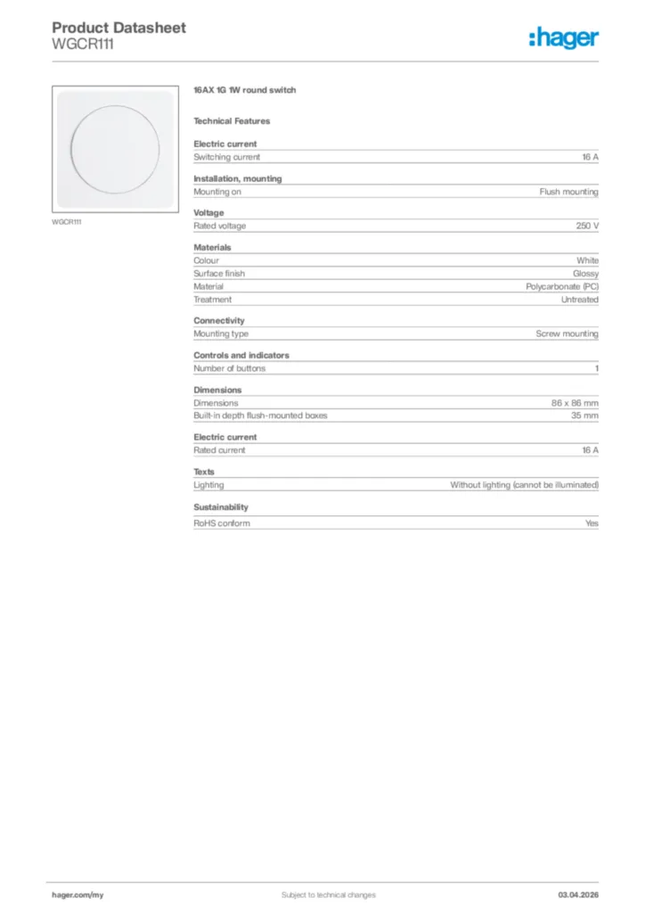 Image Hager Product data sheet WGCR111  | Hager