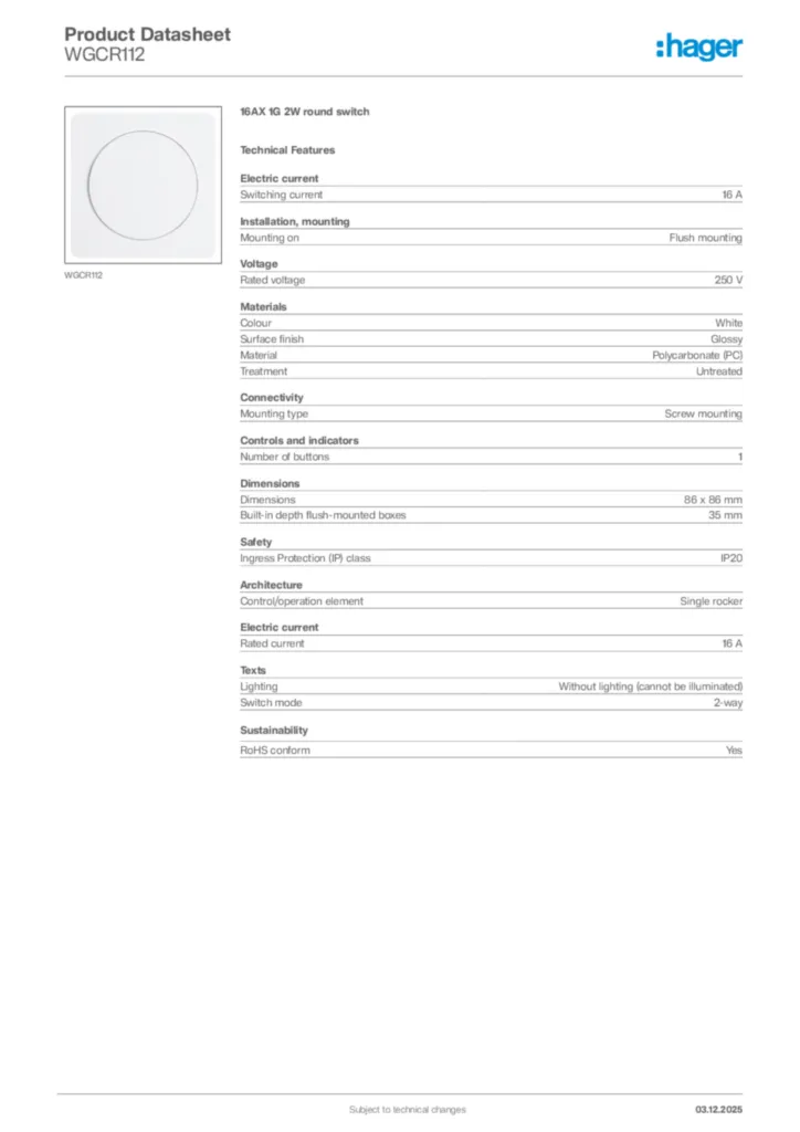 Image Hager Product data sheet WGCR112  | Hager