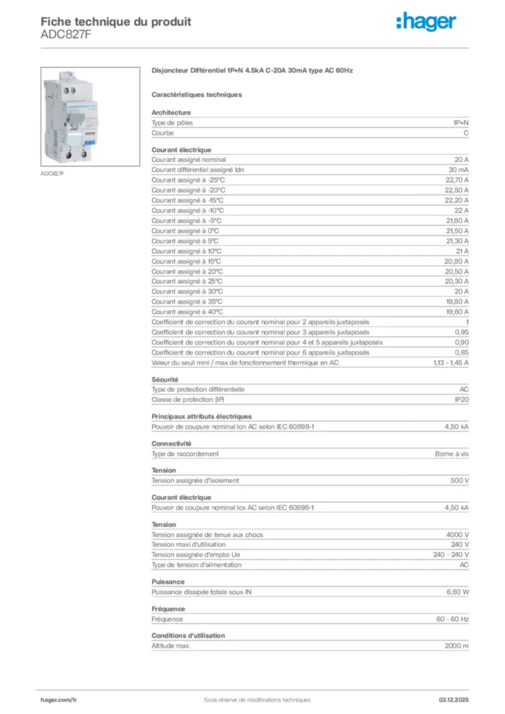 Image Hager Fiche technique du produit ADC827F | Hager France