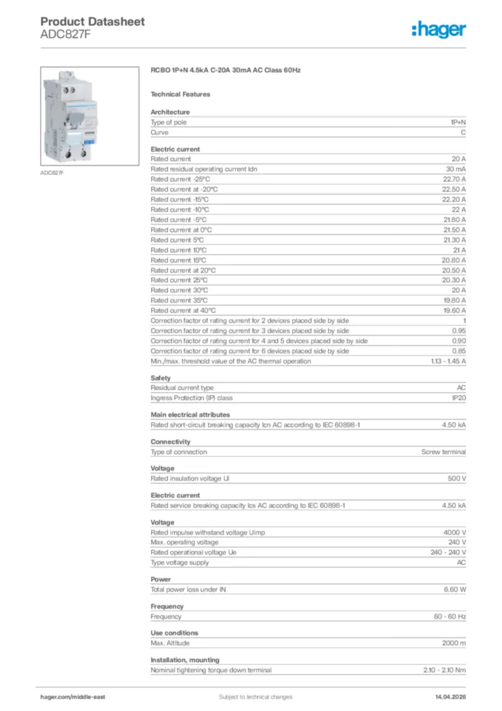 Image Hager Product data sheet ADC827F  | Hager