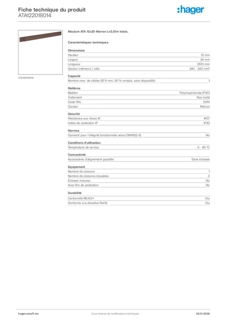 Image Hager Fiche technique du produit ATA122018014 | Hager Belgique
