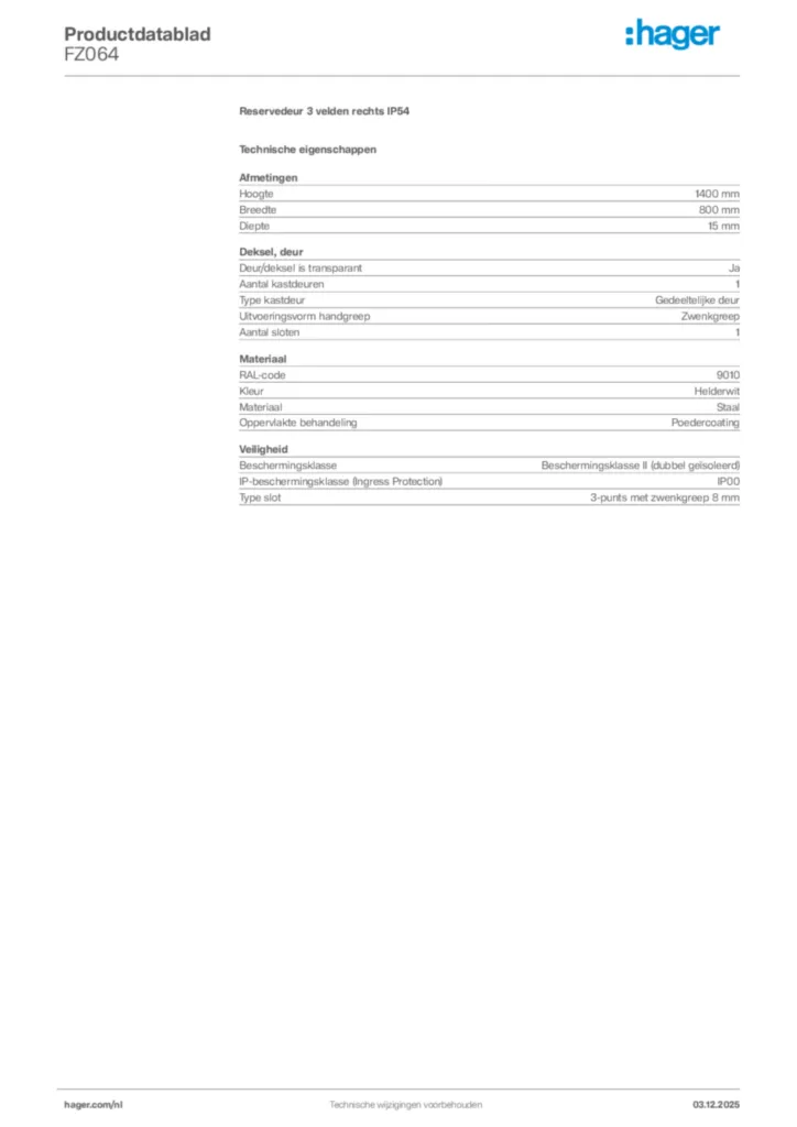 Afbeelding Hager Productdatablad FZ064 | Hager Nederland