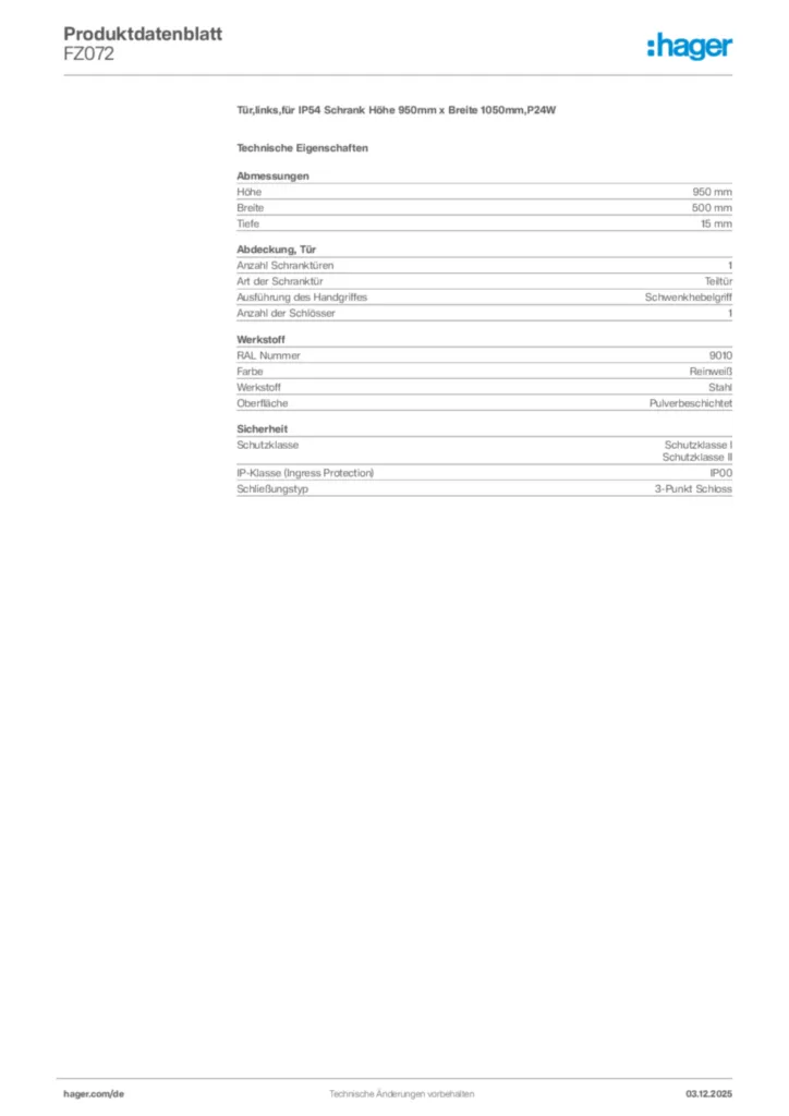 Bild Hager Produktdatenblatt FZ072 | Hager Deutschland