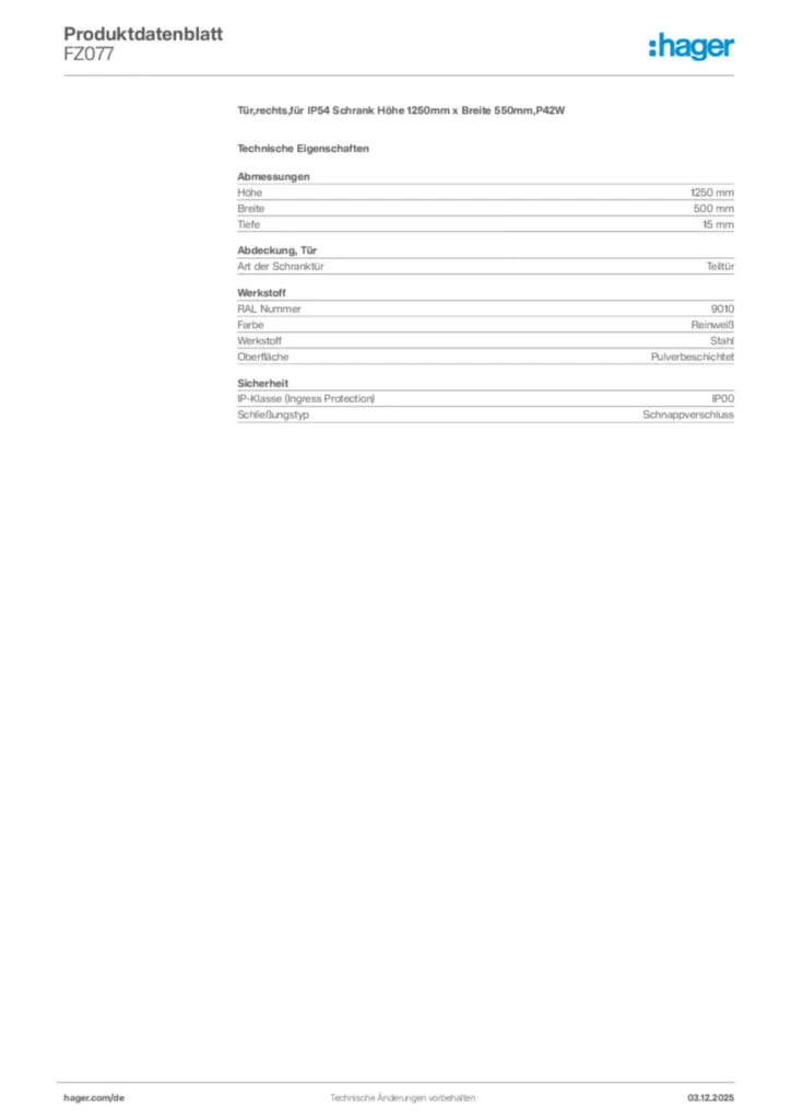 Bild Hager Produktdatenblatt FZ077 | Hager Deutschland
