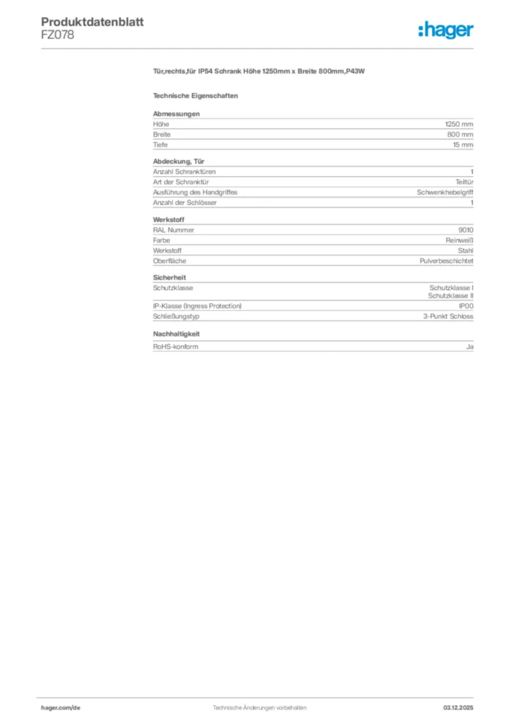 Bild Hager Produktdatenblatt FZ078 | Hager Deutschland