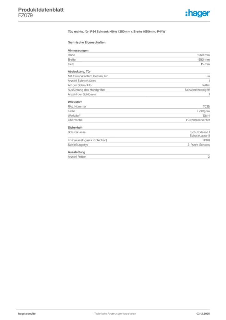 Bild Hager Produktdatenblatt FZ079 | Hager Deutschland