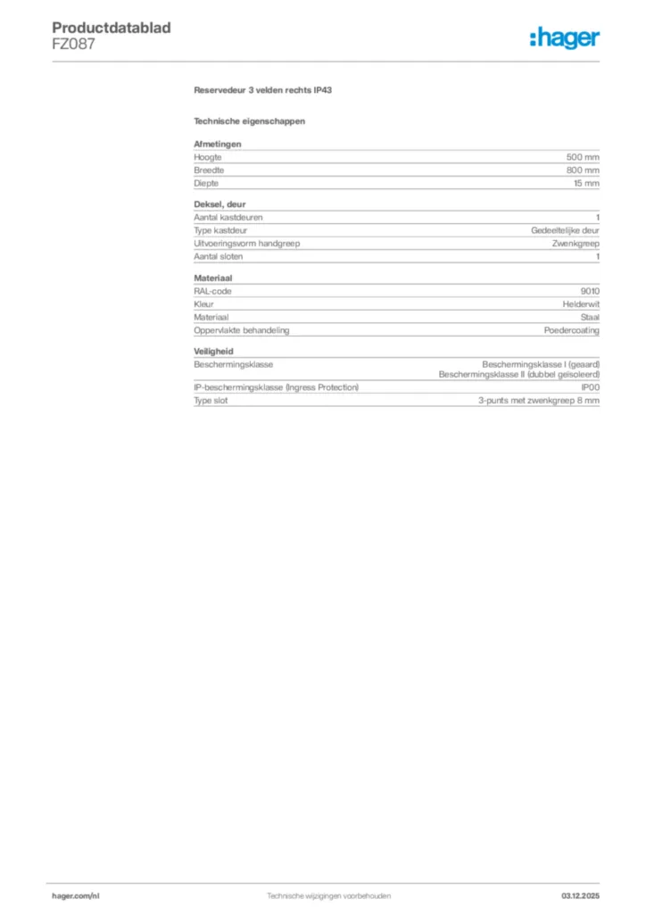 Afbeelding Hager Productdatablad FZ087 | Hager Nederland