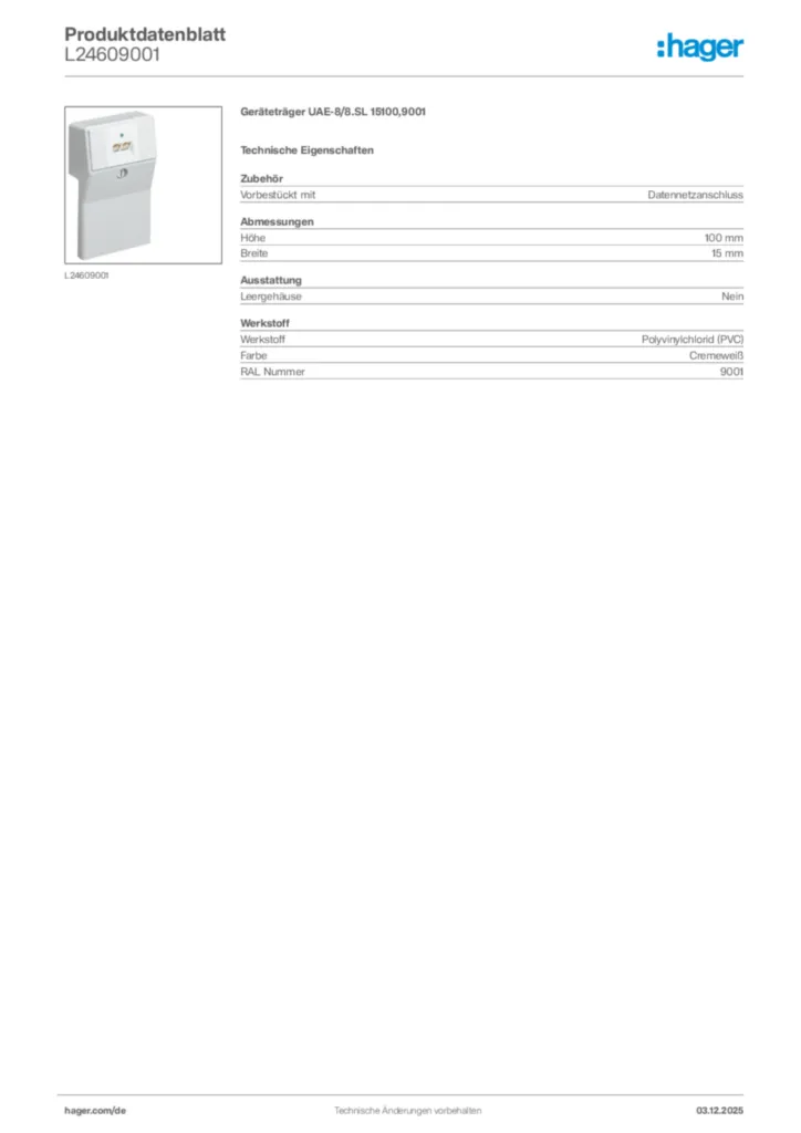 Bild Hager Produktdatenblatt L24609001 | Hager Deutschland