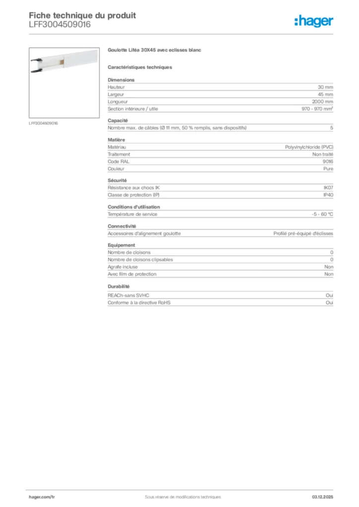 Image Hager Fiche technique du produit LFF3004509016 | Hager France