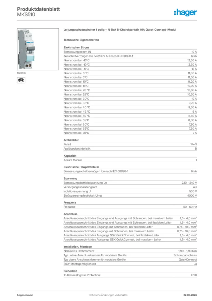 Bild Hager Produktdatenblatt MKS510 | Hager Deutschland