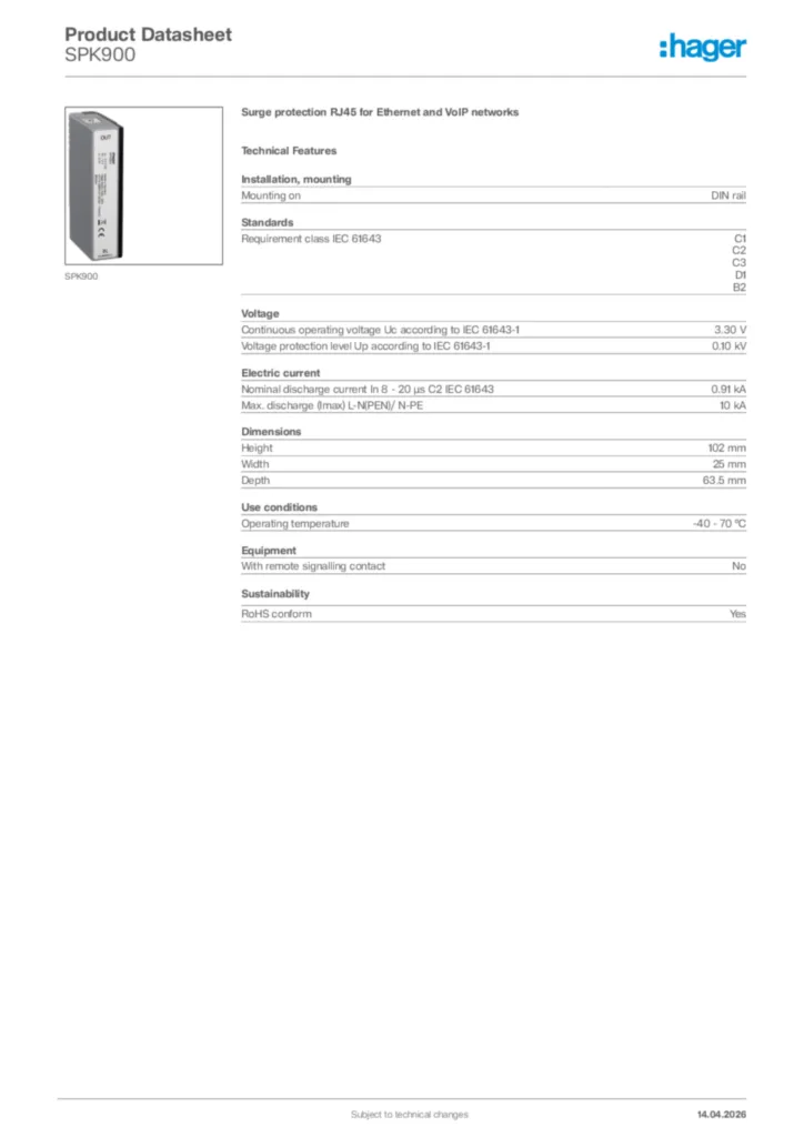Image Hager Product data sheet SPK900  | Hager Africa