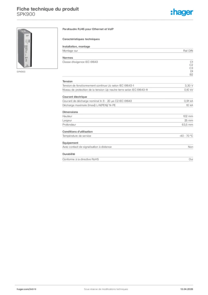 Image Hager Fiche technique du produit SPK900 | Hager Afrique