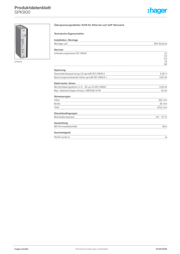 Bild Hager Produktdatenblatt SPK900 | Hager Deutschland