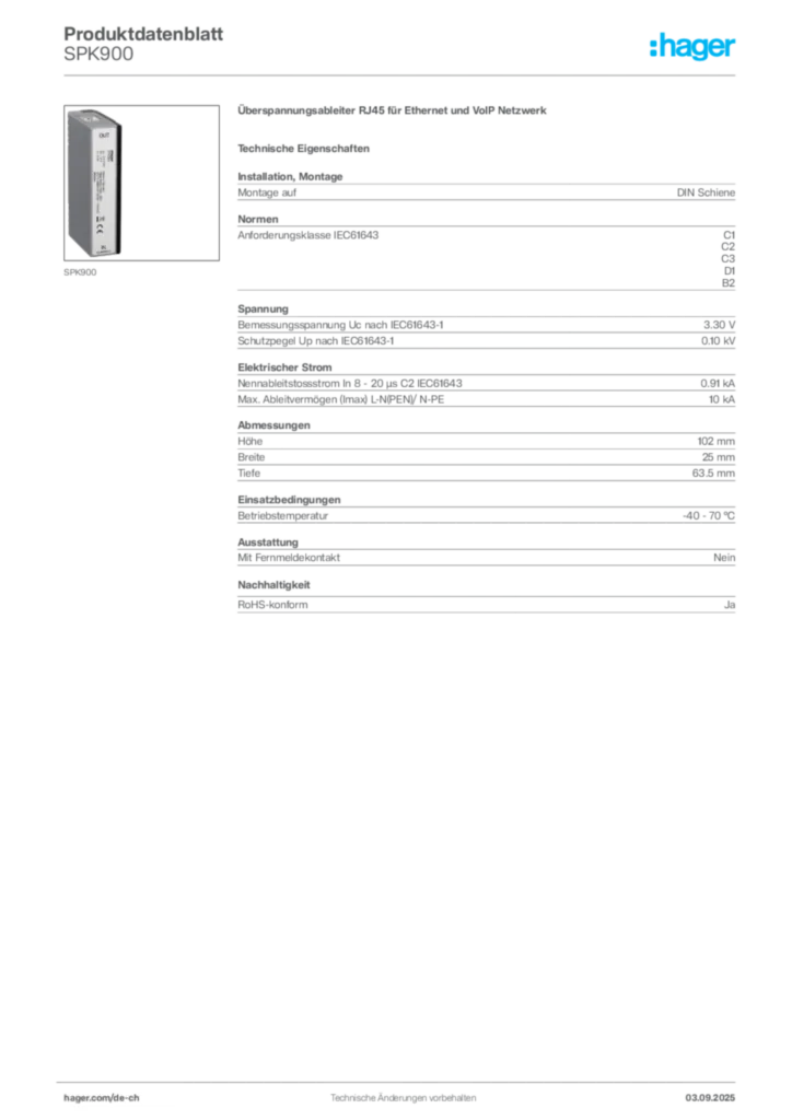Bild Hager Produktdatenblatt SPK900 | Hager Schweiz