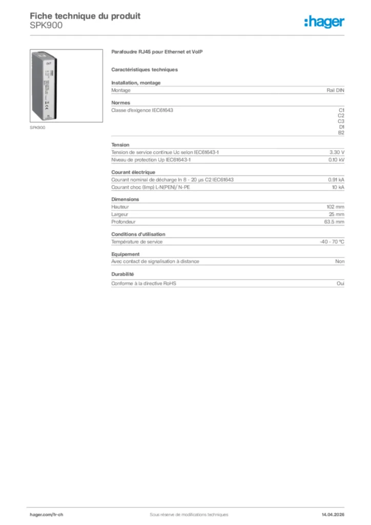 Image Hager Fiche technique du produit SPK900 | Hager Suisse