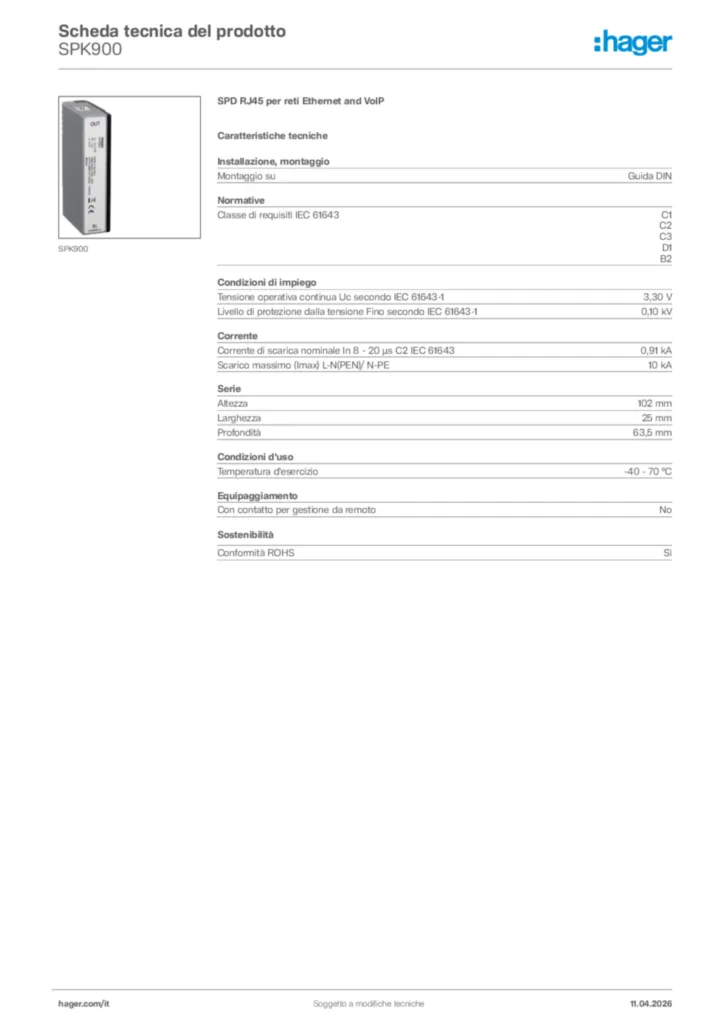 Immagine Hager Scheda tecnica del prodotto SPK900 | Hager Italia