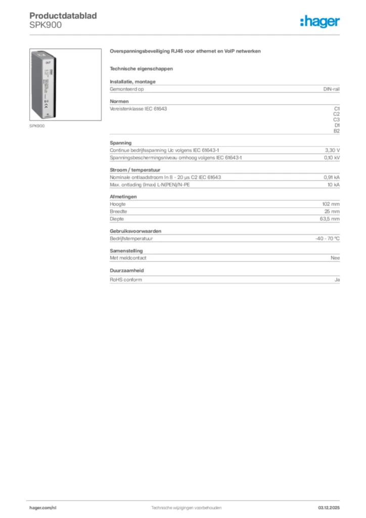 Afbeelding Hager Productdatablad SPK900 | Hager Nederland