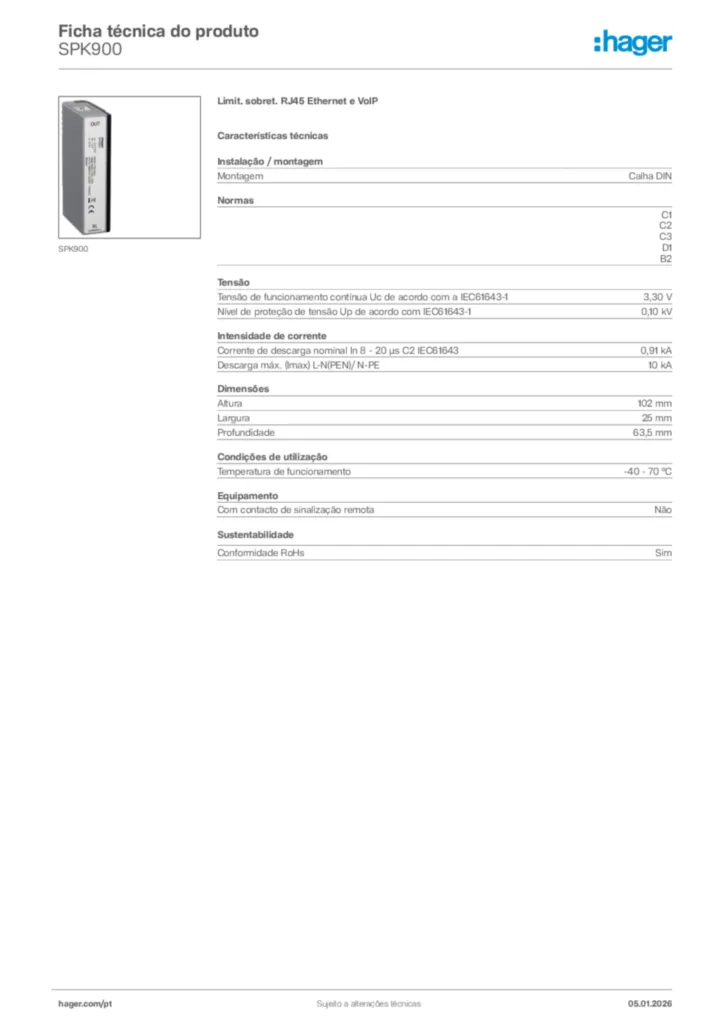 Imagem Hager Ficha técnica do produto SPK900 | Hager Portugal
