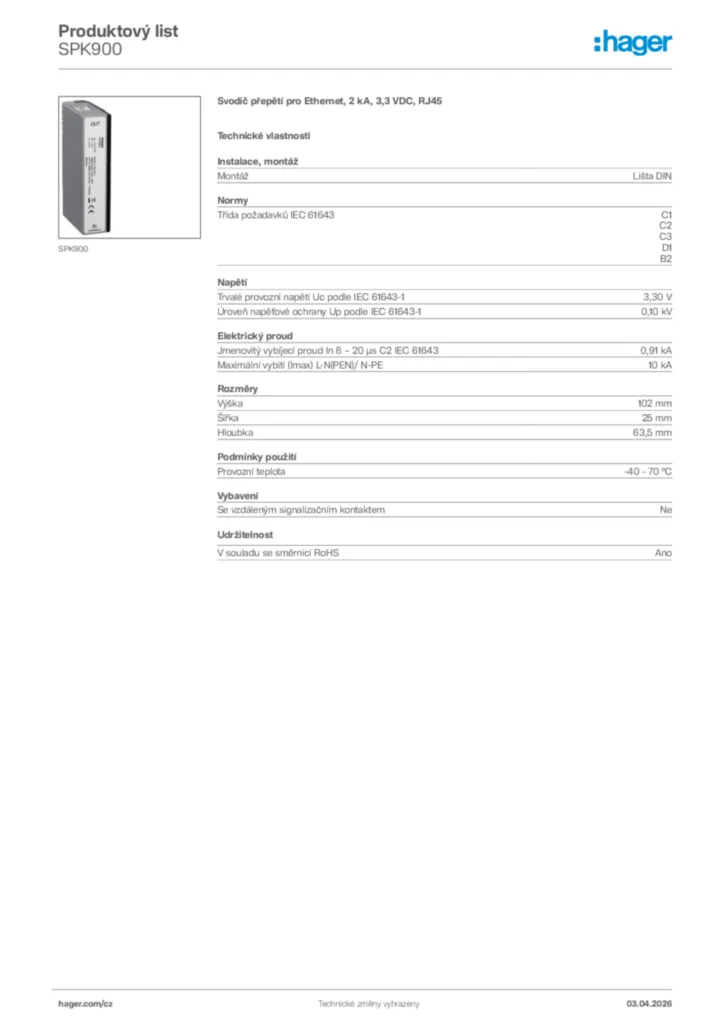 Obrázek Hager Product data sheet SPK900 | Hager