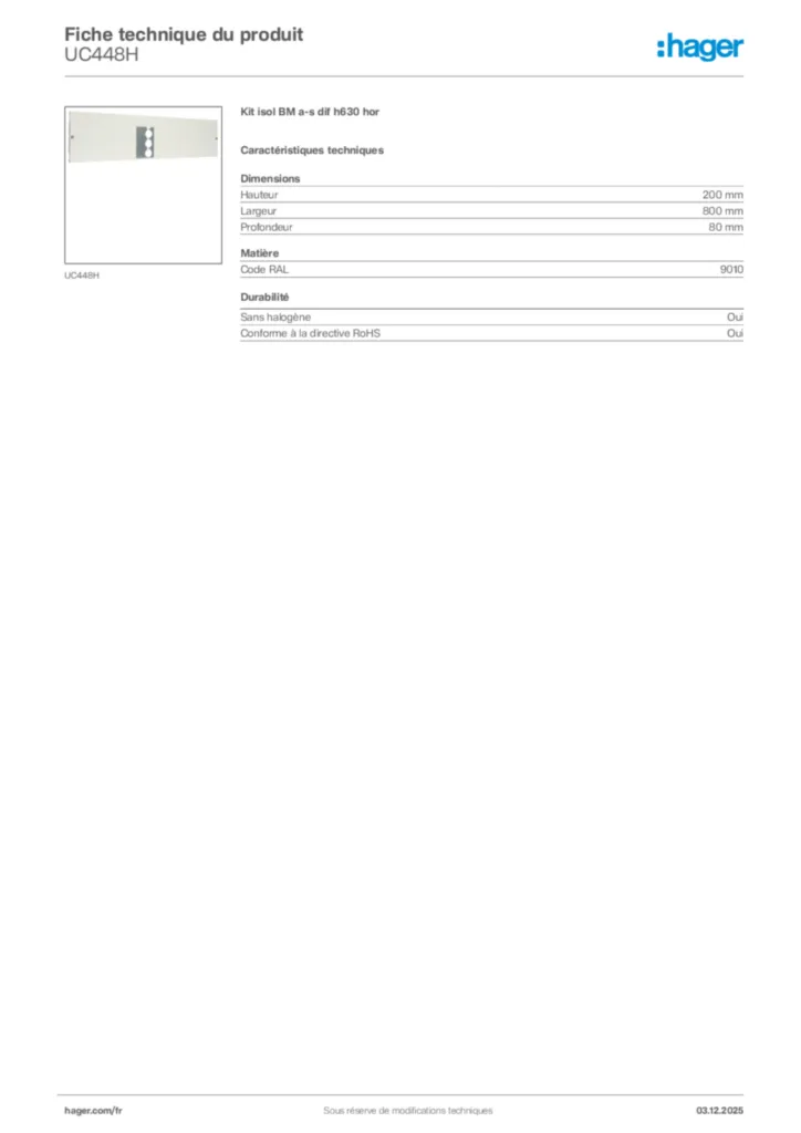 Image Hager Fiche technique du produit UC448H | Hager France