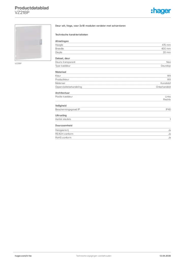 Afbeelding Hager Productdatablad VZ218P | Hager Belgium