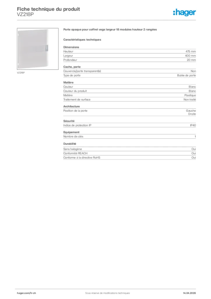 Image Hager Fiche technique du produit VZ218P | Hager Suisse