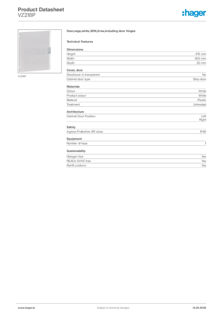 Image Hager Product data sheet VZ218P  | Hager