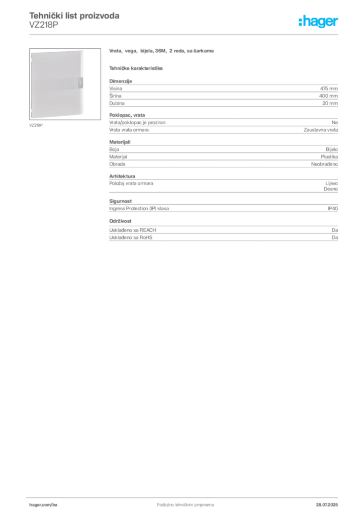 Slika Hager Product data sheet VZ218P  | Hager