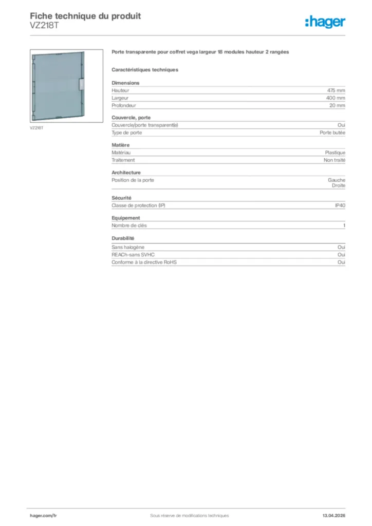 Image Hager Fiche technique du produit VZ218T | Hager France