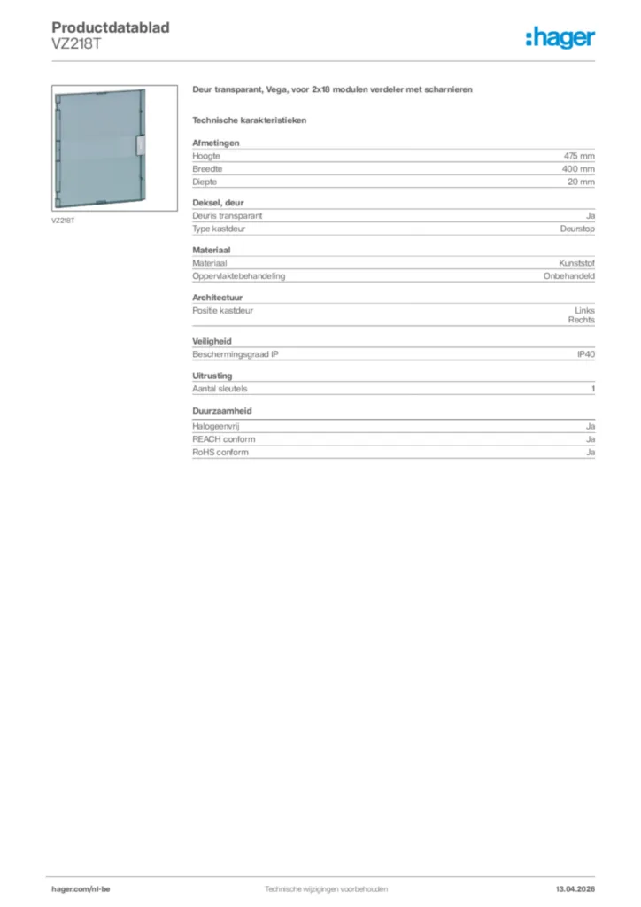 Afbeelding Hager Productdatablad VZ218T | Hager Belgium